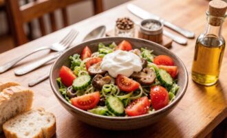 Салат с маринованными грибами. помидорами. огурцом и зелёным луком под сметаной