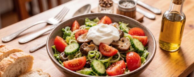 Салат с маринованными грибами. помидорами. огурцом и зелёным луком под сметаной