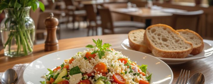Салат с рисом и овощами. Сытное блюдо на завтрак и на обед