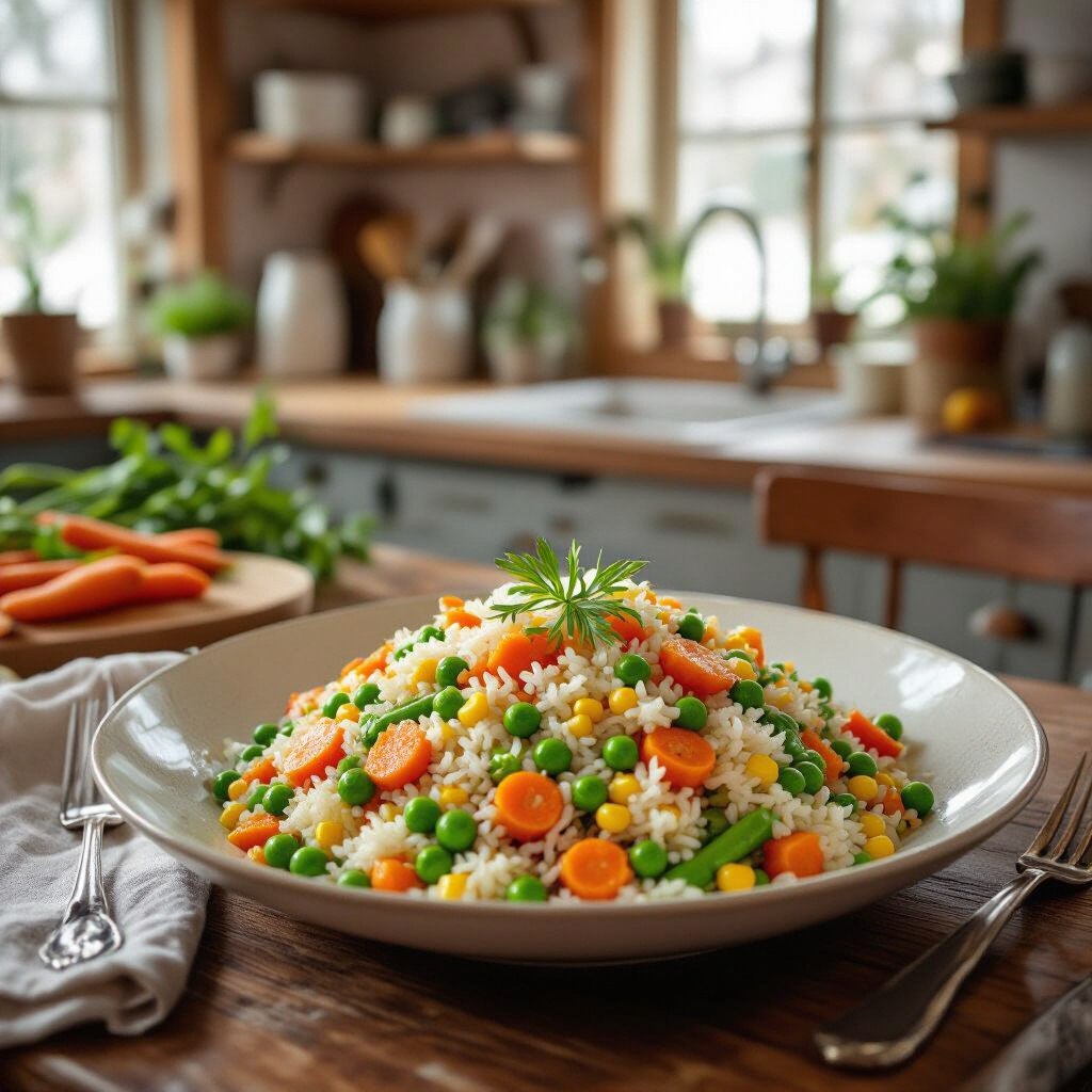 Салат с рисом и овощами на кухонном столе