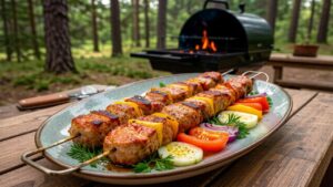 Шашлык из свинины на деревянном столе с овощами для салата