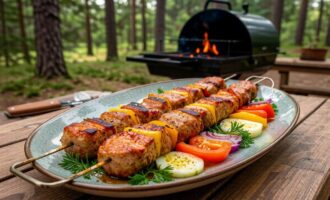 Шашлык из свинины на деревянном столе с овощами для салата
