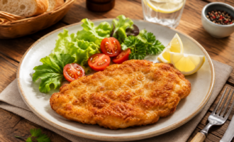 Куриная отбивная на фарфоровой тарелке с салатом овощами и специями на деревянном столе