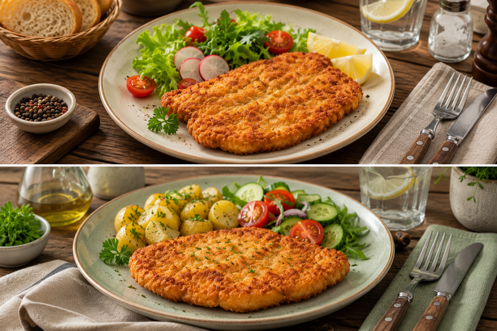 Куриная отбивная на сковороде: сочная и хрустящая 3 Куриные отбивные с картофелем, салатом, зеленью и лимоном