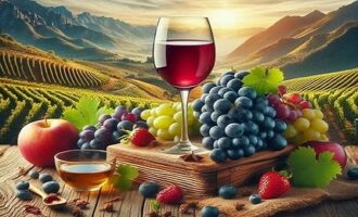 Виноградный сок с гроздьями винограда на фоне виноградника