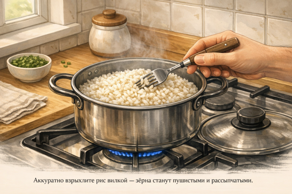 Аккуратно взрыхлите рис - Используйте вилку, а не ложку — так зёрна останутся целыми
