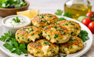Овощные котлеты с зеленью и сыром на светлой тарелке, расплавленный сыр, свежая зелень, европейская подача