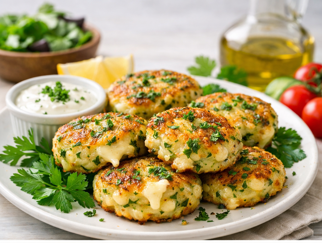 Овощные котлеты с зеленью и сыром 11 Овощные котлеты с зеленью и сыром на светлой тарелке, расплавленный сыр, свежая зелень, европейская подача