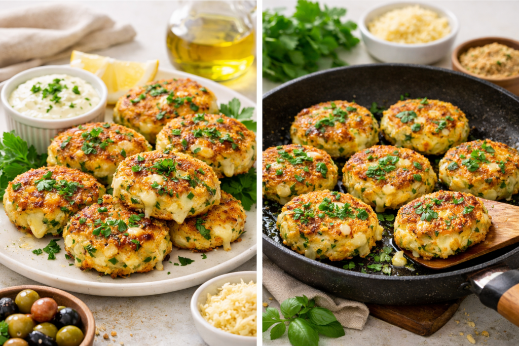Овощные котлеты с зеленью и сыром на сковороде, золотистая корочка, расплавленный сыр, свежая зелень, уютная атмосфера