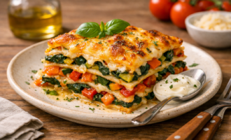 Овощная лазанья со шпинатом и сыром, золотистая корочка, вид под углом, тёплый свет, европейская подача