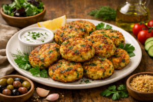 Овощные котлеты с картофелем и зеленью на тарелке, золотистая корочка, свежая зелень и лёгкий соус, европейская подача"