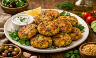 Овощные котлеты с картофелем и зеленью на тарелке, золотистая корочка, свежая зелень и лёгкий соус, европейская подача"