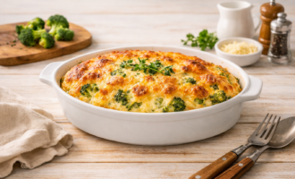 Овощное суфле с брокколи и сыром, золотистая корочка, форма для запекания, вид под углом, европейская подача, тёплый свет