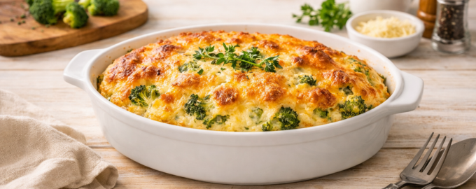 Овощное суфле с брокколи и сыром, золотистая корочка, форма для запекания, вид под углом, европейская подача, тёплый свет