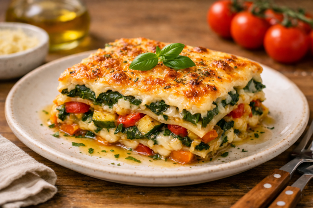 Овощная лазанья со шпинатом и сыром, золотистая корочка, вид под углом, тёплый свет, европейская подача