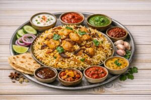 Рис Бирияни - большая тарелка с ароматным рисом и специями по кругу