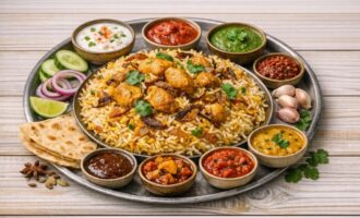 Рис Бирияни - большая тарелка с ароматным рисом и специями по кругу
