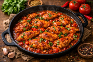 Чахохбили из курицы в густом томатном соусе с луком, помидорами, кинзой и специями, вид сверху в чугунной сковороде