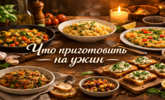 Уютный вечерний ужин на деревянном столе: овощное рагу, паста, омлет, тосты с творогом и зеленью, свеча и свежие ингредиенты