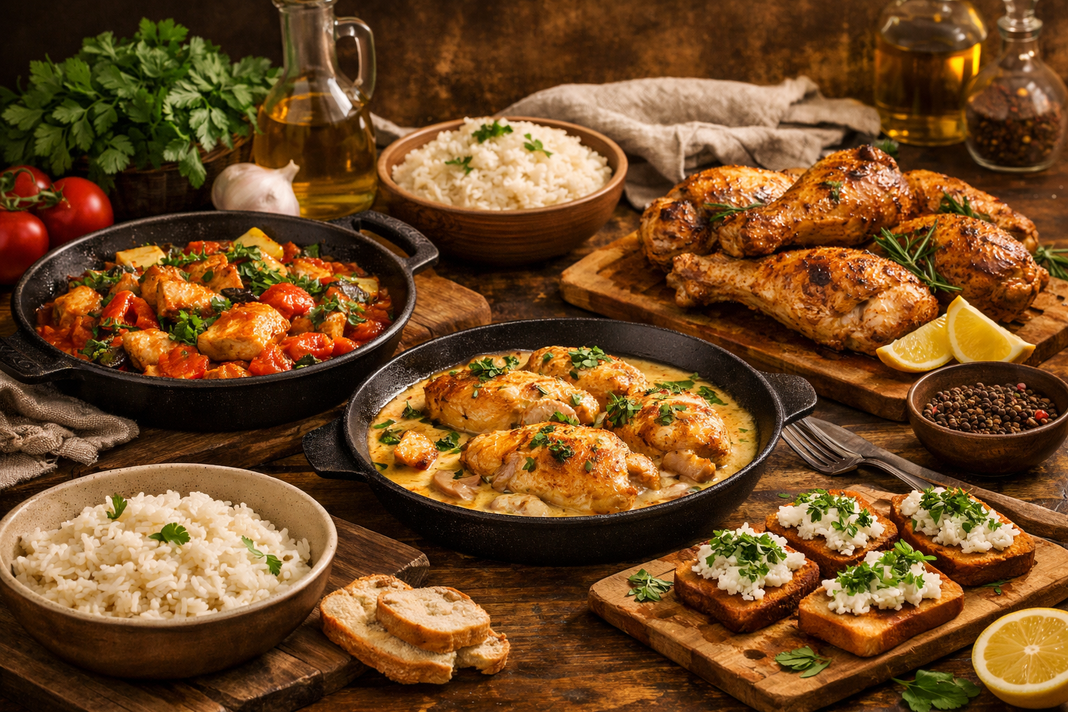 Аппетитные ужины из курицы: чахохбили, курица в сливочном соусе, запечённые ножки с розмарином.