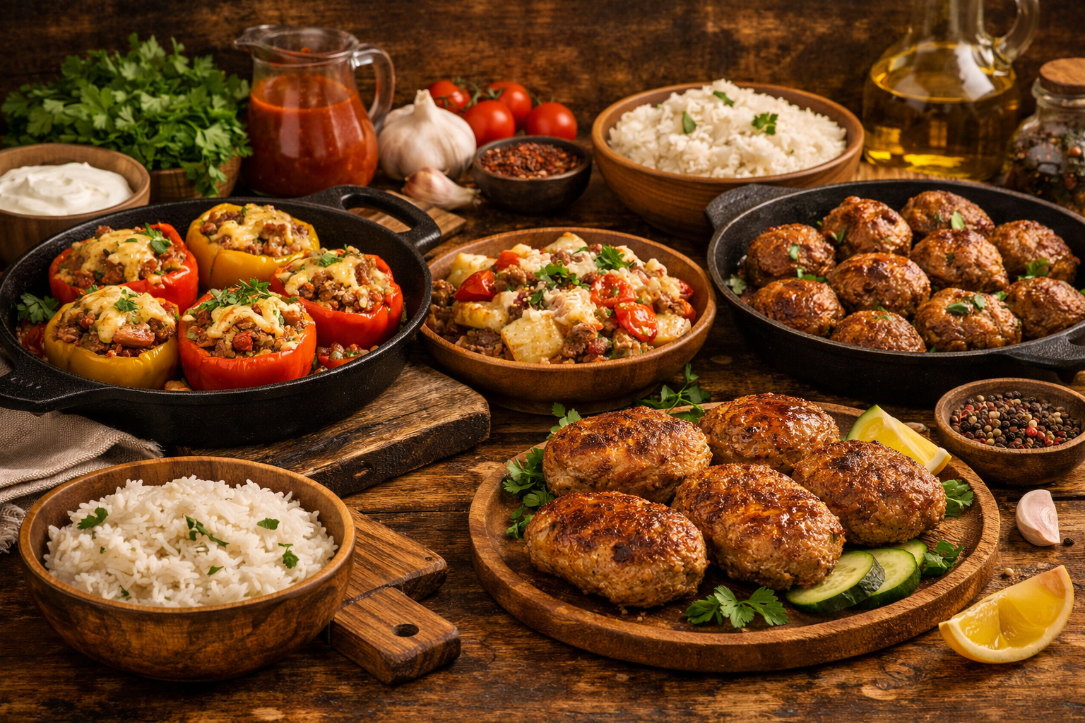 Ужины из фарша: фаршированные перцы, мясные котлеты, запеканка с фаршем и овощами на деревянном столе.