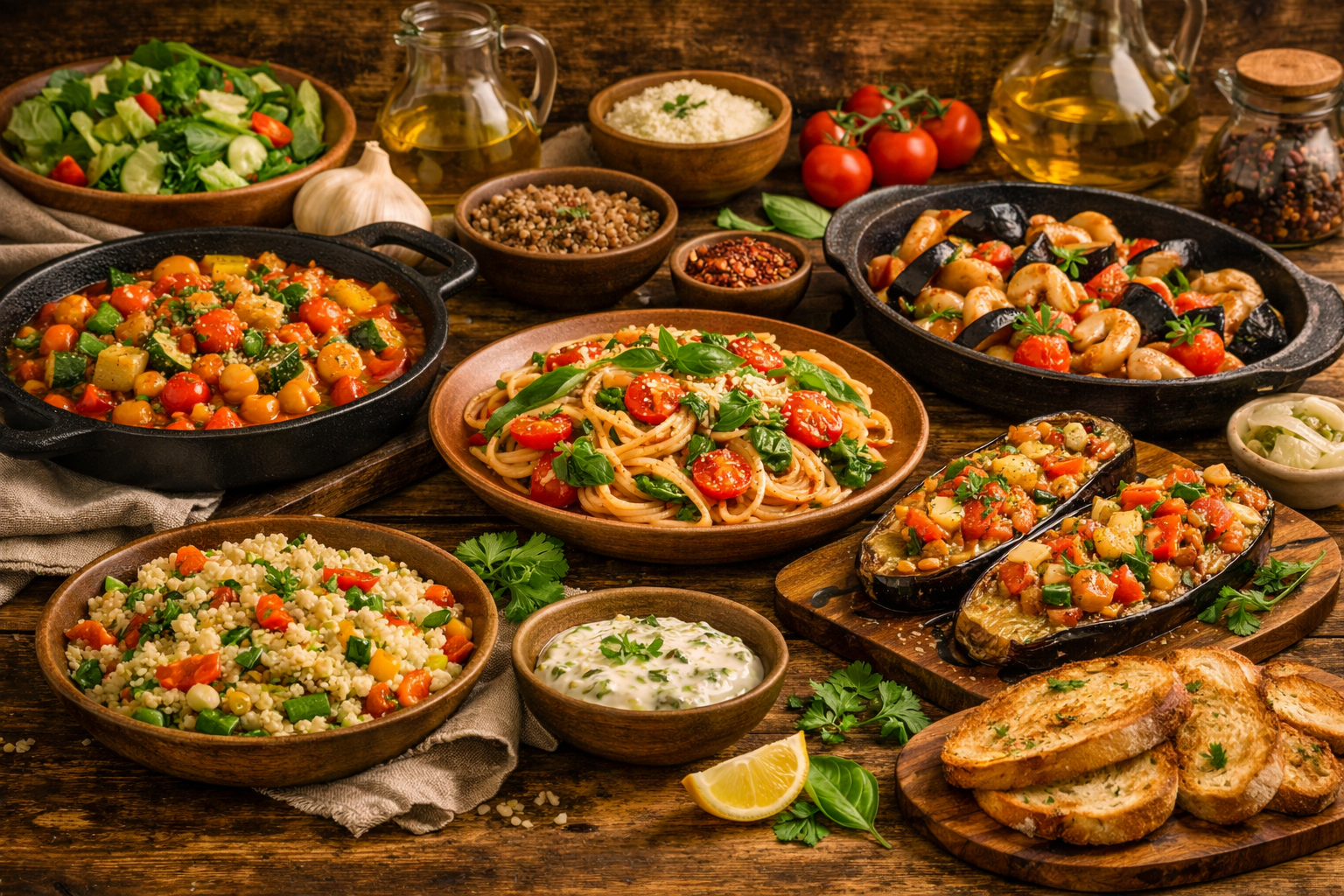 Ужины без мяса: овощное рагу, паста с томатами и зеленью, запечённые баклажаны и овощной кускус на деревянном столе.