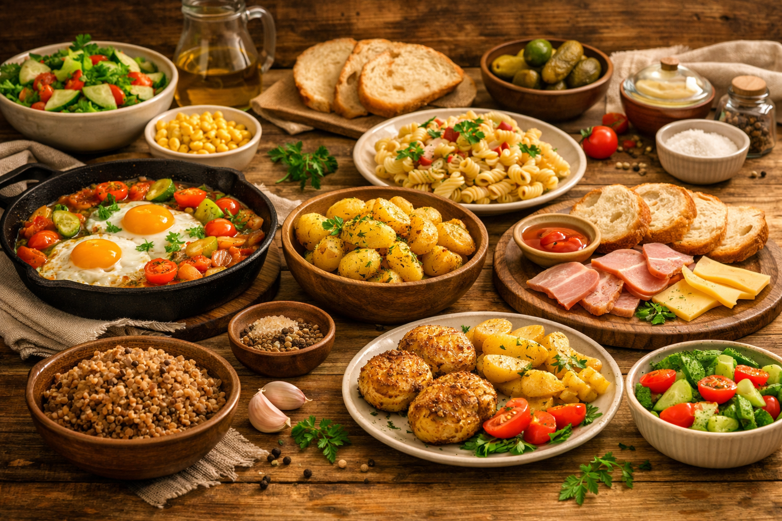 Ужины из того, что есть дома: яичница с овощами, жареная картошка, макароны, хлеб и простые домашние продукты на деревянном столе.