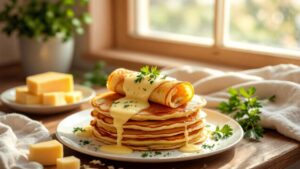 Солёные блинчики с сыром и зеленью: стопка блинов с расплавленным сыром и свежей зеленью