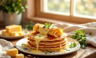 Солёные блинчики с сыром и зеленью: стопка блинов с расплавленным сыром и свежей зеленью