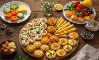 Закуски на праздничный стол: тарталетки, рулетики с семгой, канапе с сыром и овощами, праздничная сервировка