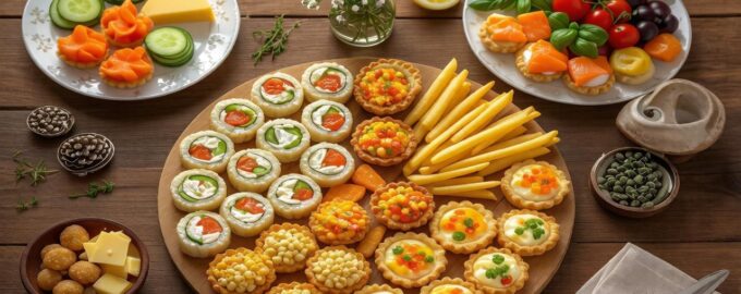 Закуски на праздничный стол: тарталетки, рулетики с семгой, канапе с сыром и овощами, праздничная сервировка
