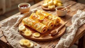 Блинчики с бананом и мёдом: рулетики с фруктовой начинкой и мёдом