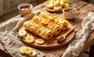 Блинчики с бананом и мёдом: рулетики с фруктовой начинкой и мёдом