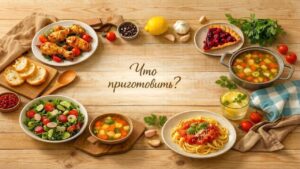 Домашняя кухня сверху — светлый деревянный стол с блюдами: запечённая курица, салат, суп, паста, пирог и лимонад