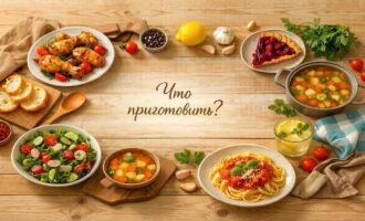 Домашняя кухня сверху — светлый деревянный стол с блюдами: запечённая курица, салат, суп, паста, пирог и лимонад