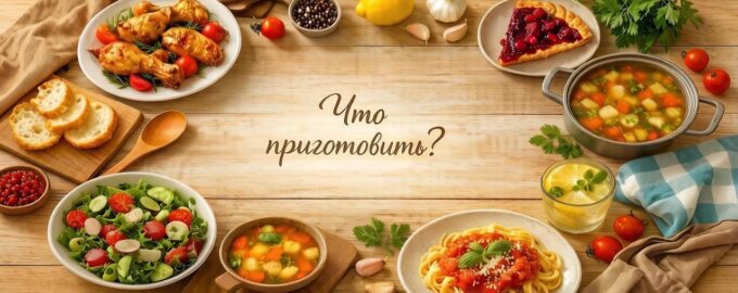Домашняя кухня сверху — светлый деревянный стол с блюдами: запечённая курица, салат, суп, паста, пирог и лимонад