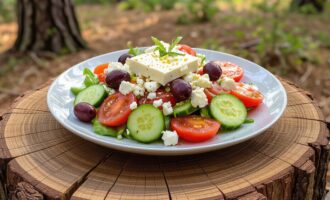 Греческий салат с фетой, огурцами, помидорами и оливками на столе Нарезанные овощи для греческого салата Кубики феты для греческого салата Готовый греческий салат в тарелке на лесном пне