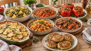 Семь сытных блюд из овощей без мяса на домашнем столе: рагу, чечевица, фаршированные перцы, запеканка, капуста с нутом, баклажаны и овощные котлеты