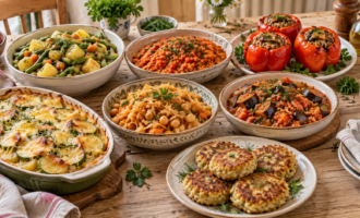 Семь сытных блюд из овощей без мяса на домашнем столе: рагу, чечевица, фаршированные перцы, запеканка, капуста с нутом, баклажаны и овощные котлеты
