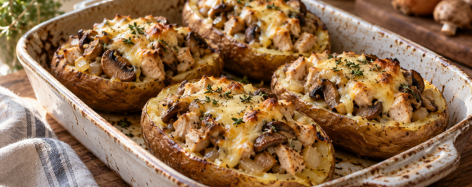 Запечённые картофельные лодочки с курицей, грибами и сыром