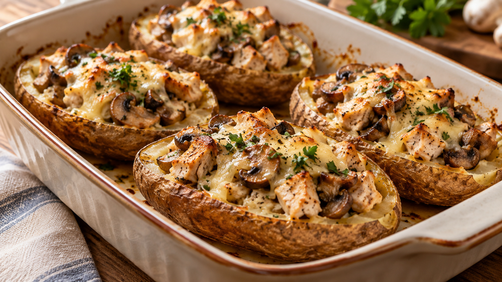 Картофельные лодочки с курицей и грибами в духовке 3 Запечённые картофельные лодочки с курицей, грибами и сыром в керамической форме