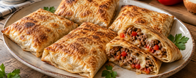Прямоугольные конверты из лаваша с мясом, сладким перцем и луком