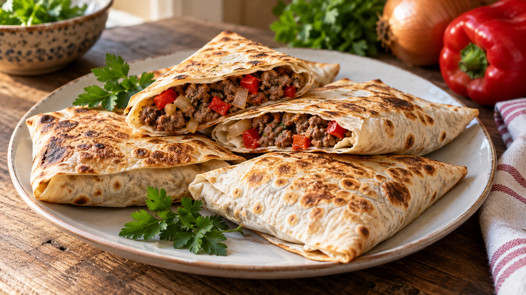 Прямоугольные конверты из лаваша с мясом, сладким перцем, луком на большой белой тарелке 