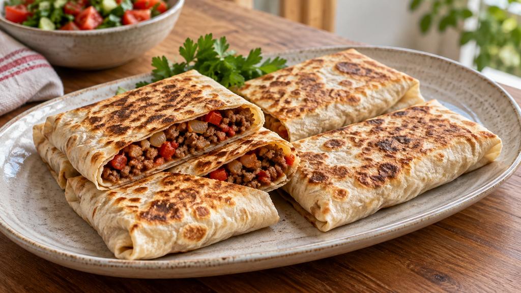 Прямоугольные конверты из лаваша с мясом, сладким перцем и зеленью