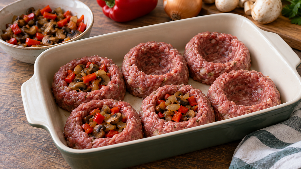 Мясные гнёзда с грибами и овощами - процесс приготовления для духовки