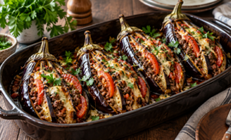 Баклажаны-веер с мясным фаршем, помидорами и сыром в форме для запекания