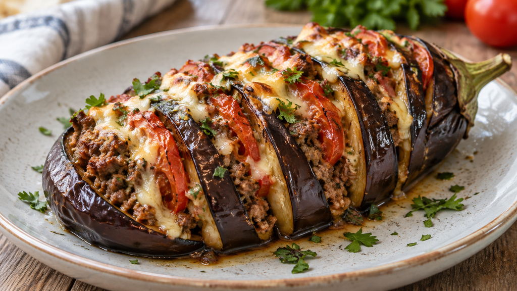 Разрезанный веером запечённый баклажан с фаршем и помидорами на тарелке