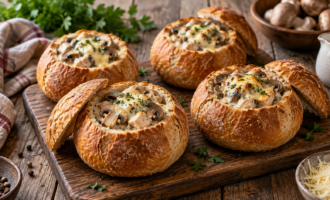 Хлебные горшочки с курицей, грибами и сыром на столе