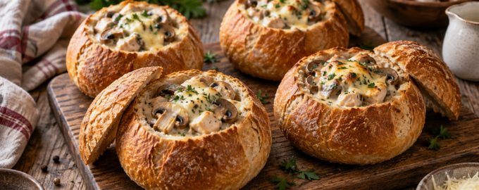 Хлебные горшочки с курицей, грибами и сыром на столе
