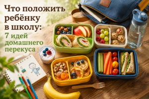 Домашний школьный перекус в компактном ланч-боксе с отделениями: ролл, овощи, виноград, голубика, сыр, орехи и полезные шарики